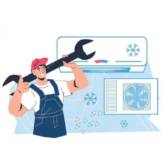 Technician fixing air conditioning unit.