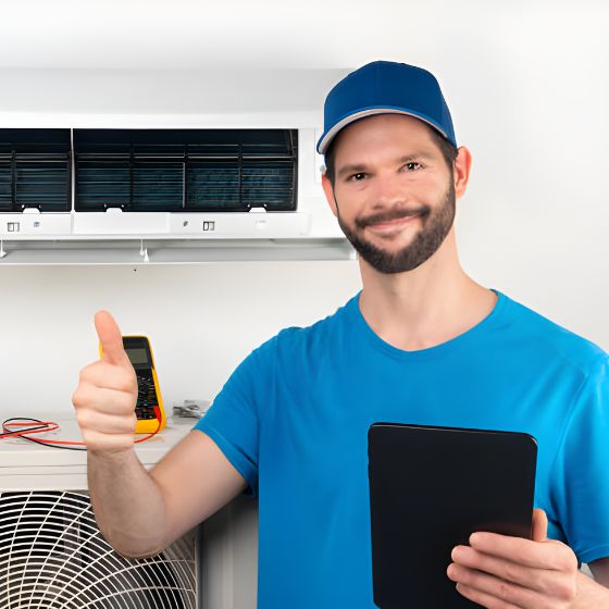 Technician fixing air conditioning unit.